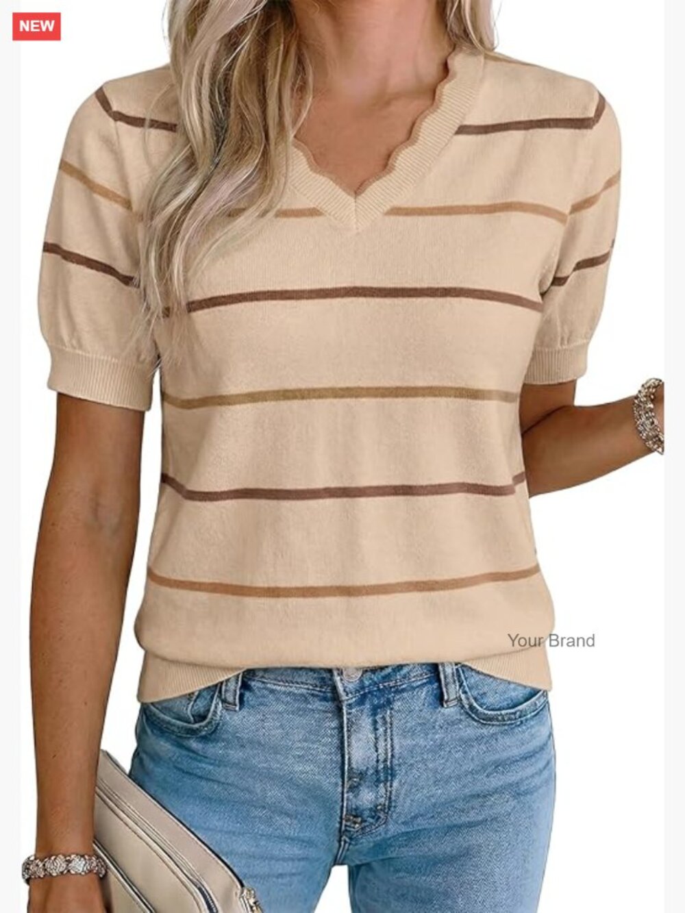 Short Sleeve V-Neck Striped Knit Sweater Blouse